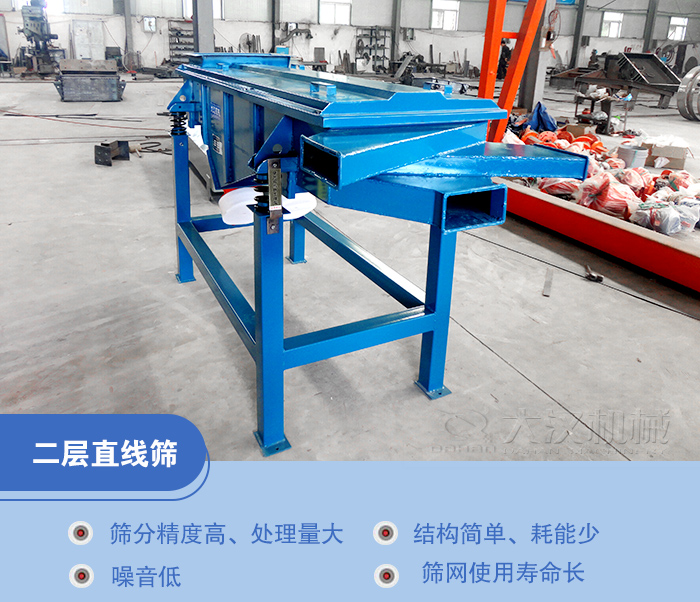 兩層直線振動(dòng)篩是兩層篩網(wǎng)三個(gè)出料口能夠同時(shí)滿足物料三種不同顆粒大小的篩分。